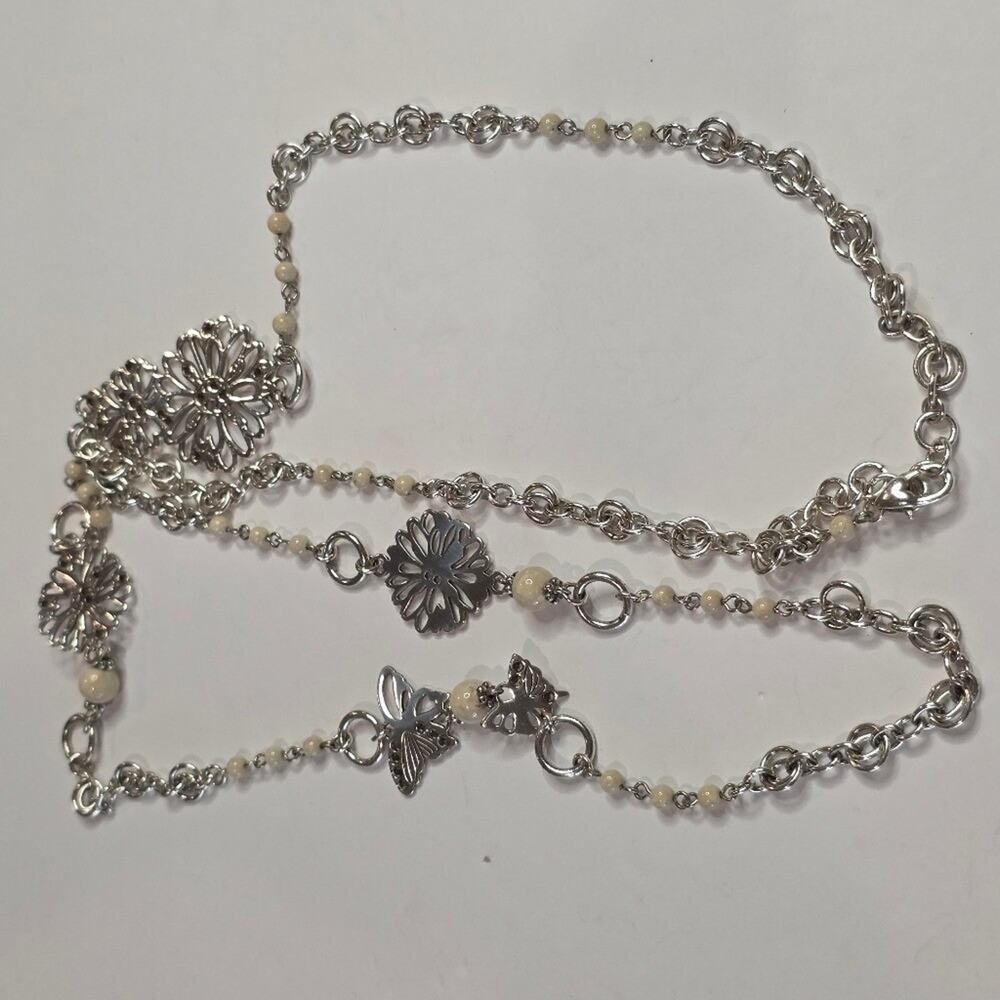 Brighton Utopia White Mother of Pearl, Crystal Silver Floral Butterfly Necklace